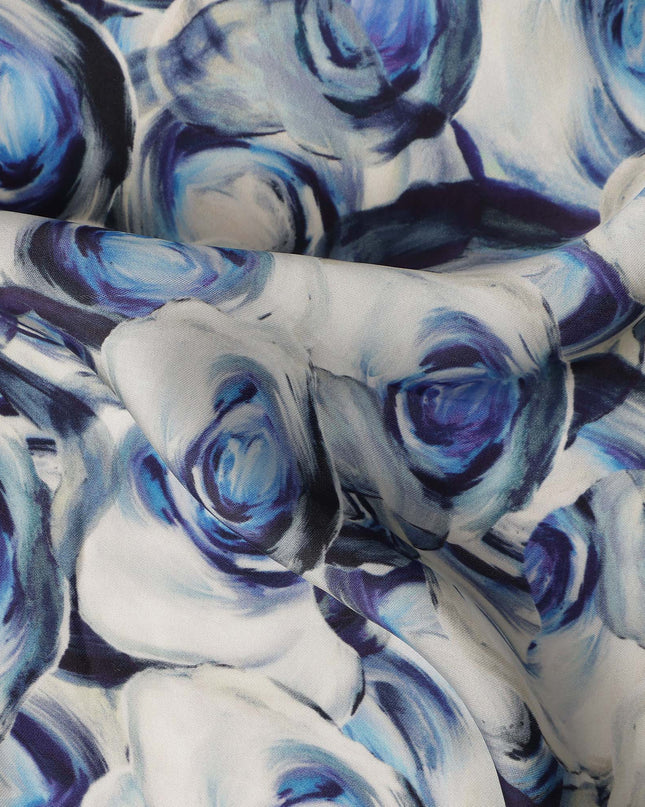 White Blue Abstract Rose Printed Cotton Satin Fabric 110 Cms Width India-D27981 - Regal Fabrics