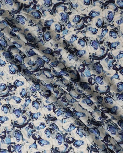 White Blue Abstract Rose Printed Cotton Satin Fabric 110 Cms Width India-D27981 - Regal Fabrics