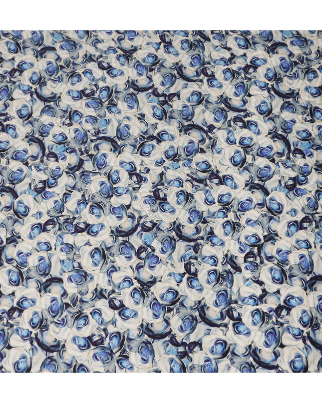 White Blue Abstract Rose Printed Cotton Satin Fabric 110 Cms Width India-D27981 - Regal Fabrics