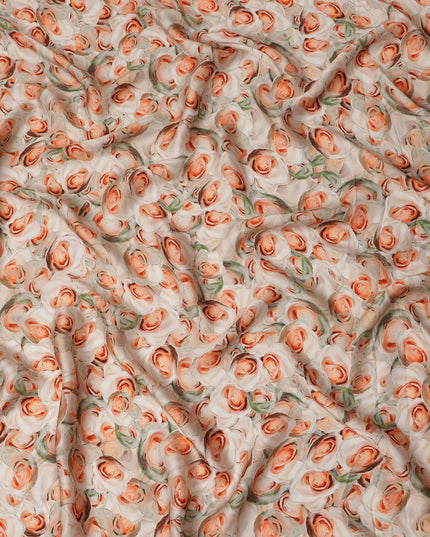 Cream Peach Rose Floral Printed Cotton Satin Fabric 110 Cms Width India-D27983 - Regal Fabrics