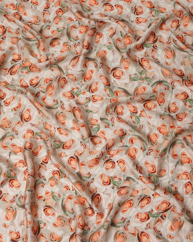 Cream Peach Rose Floral Printed Cotton Satin Fabric 110 Cms Width India-D27983 - Regal Fabrics