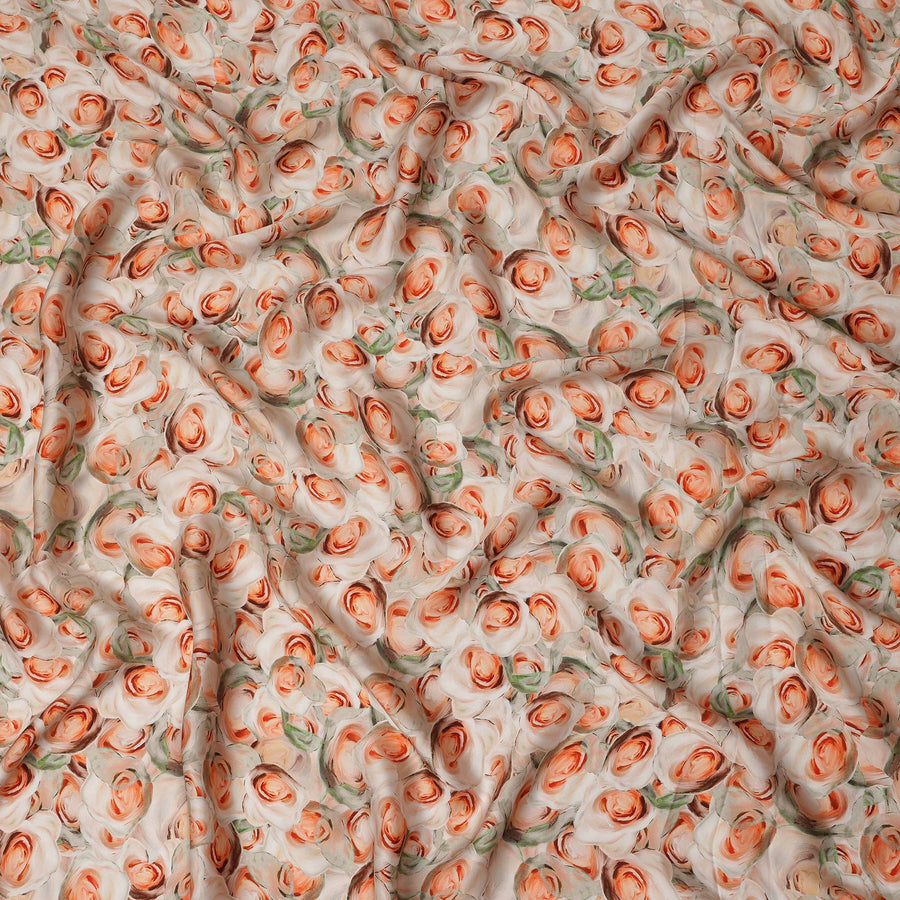 Cream Peach Rose Floral Printed Cotton Satin Fabric 110 Cms Width India-D27983 - Regal Fabrics
