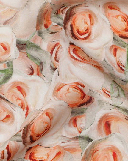 Cream Peach Rose Floral Printed Cotton Satin Fabric 110 Cms Width India-D27983 - Regal Fabrics