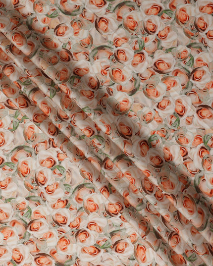 Cream Peach Rose Floral Printed Cotton Satin Fabric 110 Cms Width India-D27983 - Regal Fabrics