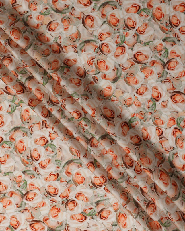 Cream Peach Rose Floral Printed Cotton Satin Fabric 110 Cms Width India-D27983 - Regal Fabrics