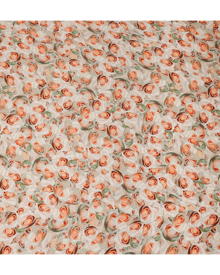 Cream Peach Rose Floral Printed Cotton Satin Fabric 110 Cms Width India-D27983 - Regal Fabrics