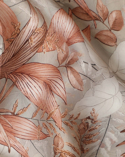 Cream Coral Tropical Botanical Leaf Print Viscose Modal Satin Fabric, 110 Cms Width, Made in India-D28266