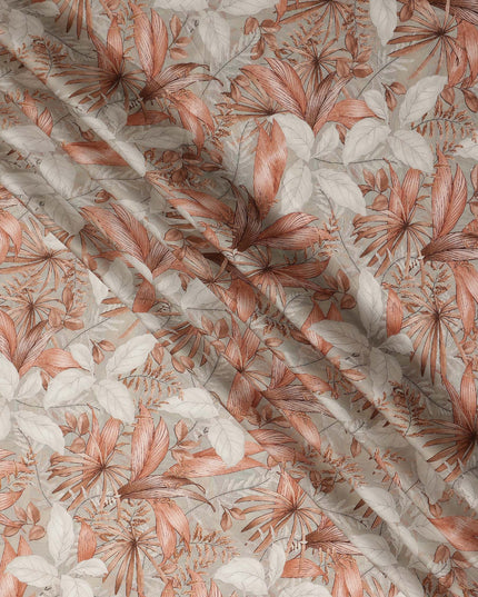 Cream Coral Tropical Botanical Leaf Print Viscose Modal Satin Fabric, 110 Cms Width, Made in India-D28266