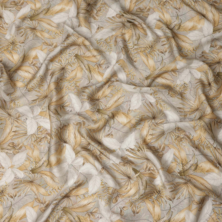 Beige Tropical Botanical Leaf Print Viscose Modal Satin Fabric, 110 Cms Width, Made in India-D28263