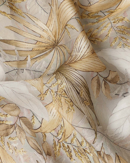 Beige Tropical Botanical Leaf Print Viscose Modal Satin Fabric, 110 Cms Width, Made in India-D28263