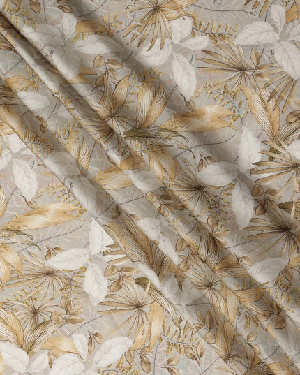 Beige Tropical Botanical Leaf Print Viscose Modal Satin Fabric, 110 Cms Width, Made in India-D28263
