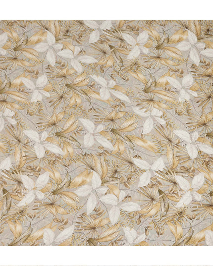 Beige Tropical Botanical Leaf Print Viscose Modal Satin Fabric, 110 Cms Width, Made in India-D28263