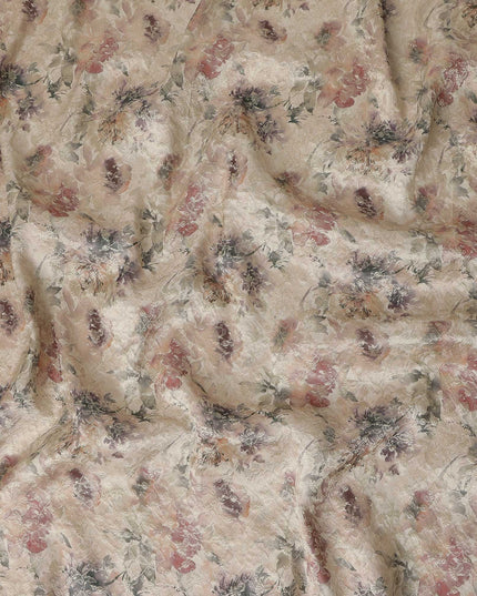 Beige Floral Printed Viscose Modal Satin Fabric, 110 Cms Width, Made in India-D27271