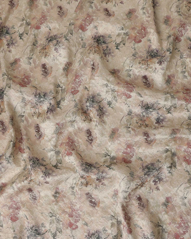 Beige Floral Printed Viscose Modal Satin Fabric, 110 Cms Width, Made in India-D27271