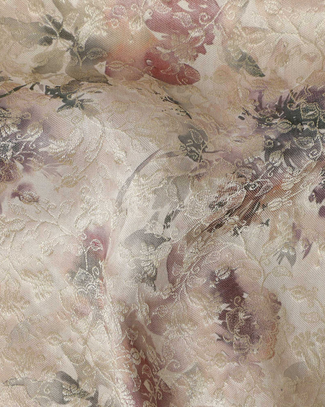 Beige Floral Printed Viscose Modal Satin Fabric, 110 Cms Width, Made in India-D27271