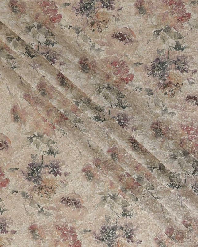Beige Floral Printed Viscose Modal Satin Fabric, 110 Cms Width, Made in India-D27271