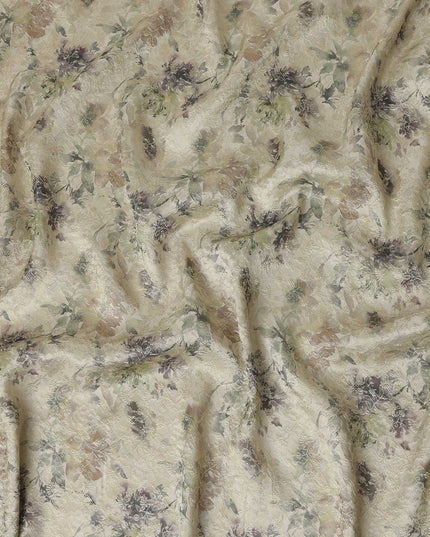 Ivory Sage Green Floral Printed Viscose Modal Satin Fabric, Allover Botanical Design Satin Weave Fabric, 110 Cms Width, Made in India-D27276