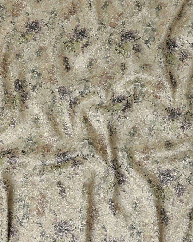 Ivory Sage Green Floral Printed Viscose Modal Satin Fabric, Allover Botanical Design Satin Weave Fabric, 110 Cms Width, Made in India-D27276