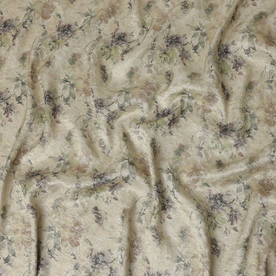 Ivory Sage Green Floral Printed Viscose Modal Satin Fabric, Allover Botanical Design Satin Weave Fabric, 110 Cms Width, Made in India-D27276