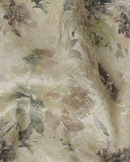 Ivory Sage Green Floral Printed Viscose Modal Satin Fabric, Allover Botanical Design Satin Weave Fabric, 110 Cms Width, Made in India-D27276