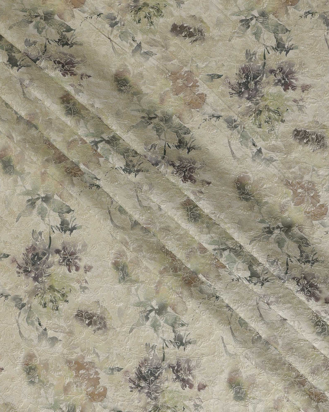 Ivory Sage Green Floral Printed Viscose Modal Satin Fabric, Allover Botanical Design Satin Weave Fabric, 110 Cms Width, Made in India-D27276