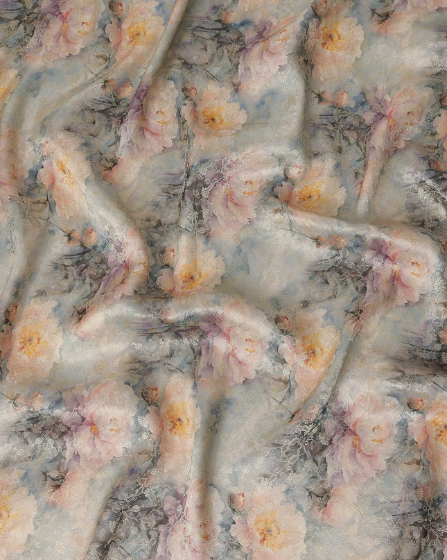Powder Blue Grey Floral Printed Viscose Modal Satin Fabric, Allover Soft Botanical Design Satin Weave Fabric, 110 Cms Width, Made in India-D27274