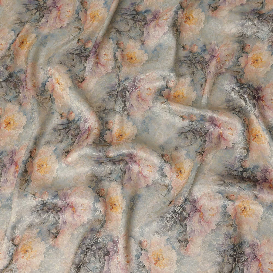 Powder Blue Grey Floral Printed Viscose Modal Satin Fabric, Allover Soft Botanical Design Satin Weave Fabric, 110 Cms Width, Made in India-D27274