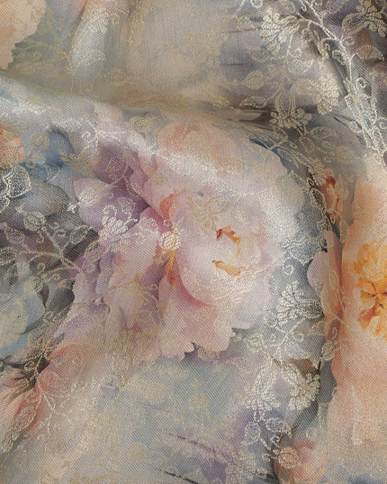 Powder Blue Grey Floral Printed Viscose Modal Satin Fabric, Allover Soft Botanical Design Satin Weave Fabric, 110 Cms Width, Made in India-D27274