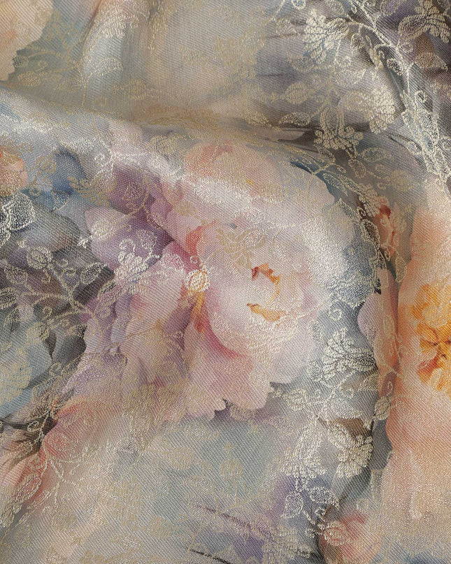 Powder Blue Grey Floral Printed Viscose Modal Satin Fabric, Allover Soft Botanical Design Satin Weave Fabric, 110 Cms Width, Made in India-D27274