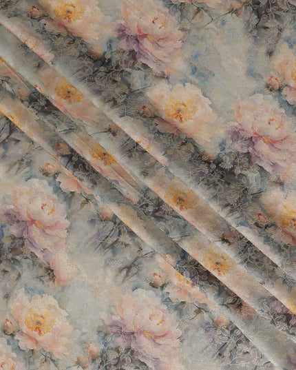 Powder Blue Grey Floral Printed Viscose Modal Satin Fabric, Allover Soft Botanical Design Satin Weave Fabric, 110 Cms Width, Made in India-D27274