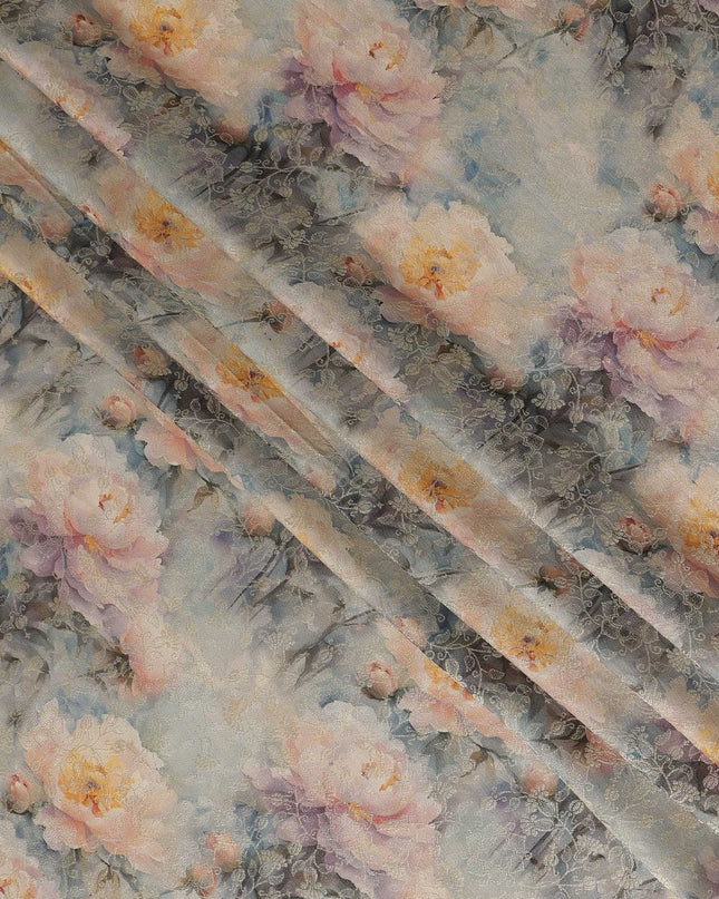 Powder Blue Grey Floral Printed Viscose Modal Satin Fabric, Allover Soft Botanical Design Satin Weave Fabric, 110 Cms Width, Made in India-D27274
