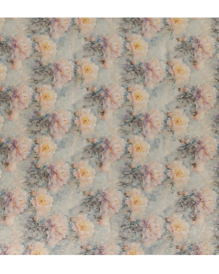 Powder Blue Grey Floral Printed Viscose Modal Satin Fabric, Allover Soft Botanical Design Satin Weave Fabric, 110 Cms Width, Made in India-D27274