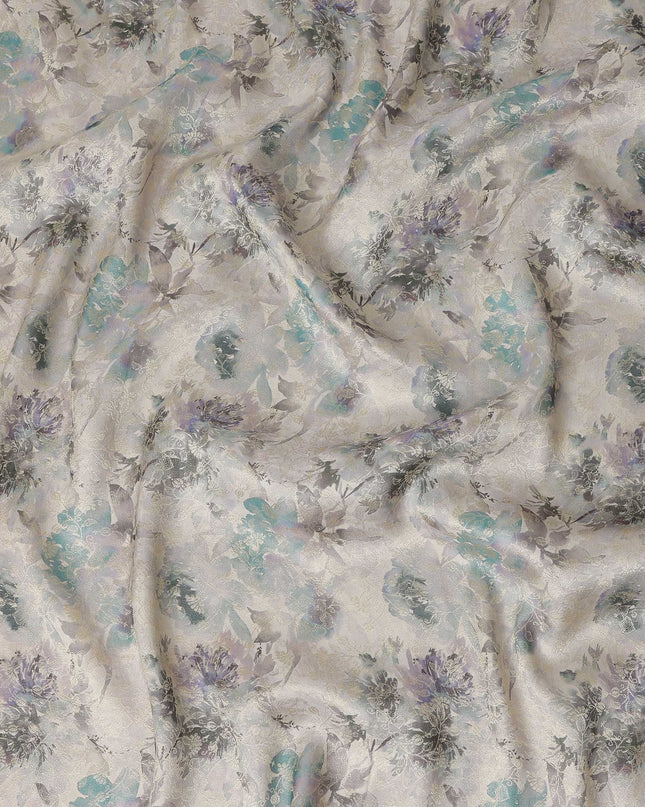 Ivory Grey Floral Printed Viscose Modal Satin Fabric,  110 Cms Width, Made in India-D27272