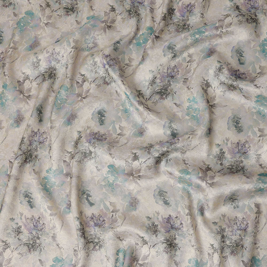 Ivory Grey Floral Printed Viscose Modal Satin Fabric,  110 Cms Width, Made in India-D27272