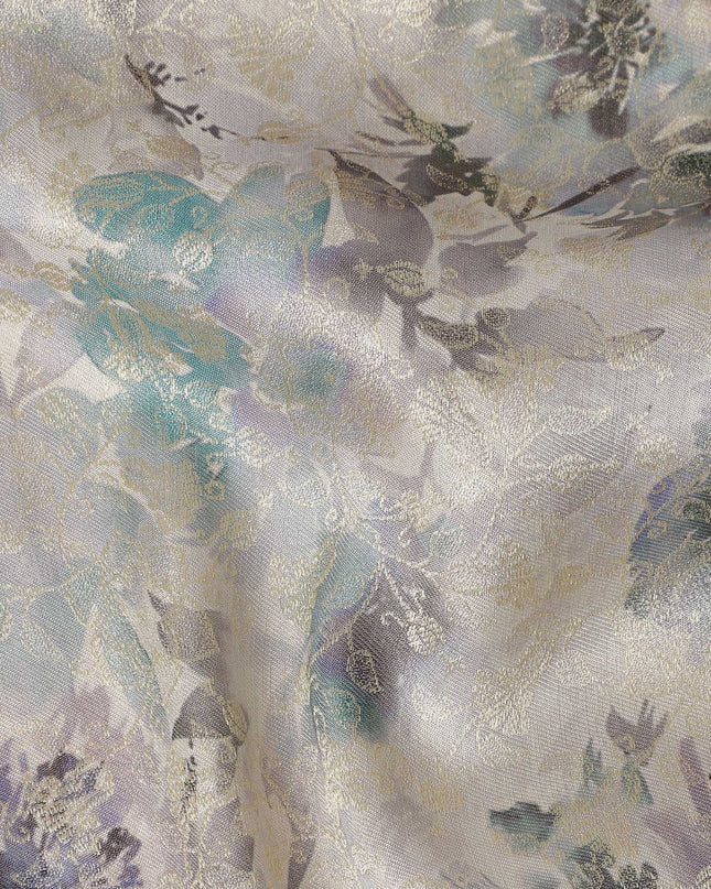 Ivory Grey Floral Printed Viscose Modal Satin Fabric,  110 Cms Width, Made in India-D27272