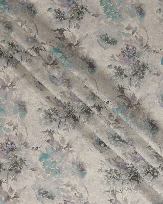 Ivory Grey Floral Printed Viscose Modal Satin Fabric,  110 Cms Width, Made in India-D27272
