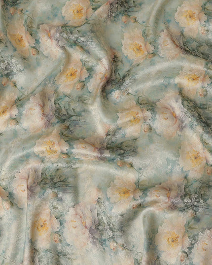 Mint Green Floral Printed Viscose Modal Satin Fabric, Allover Botanical Pattern Satin Weave Fashion Fabric, 110 Cms Width, Made in India-D27273 - Regal Fabrics