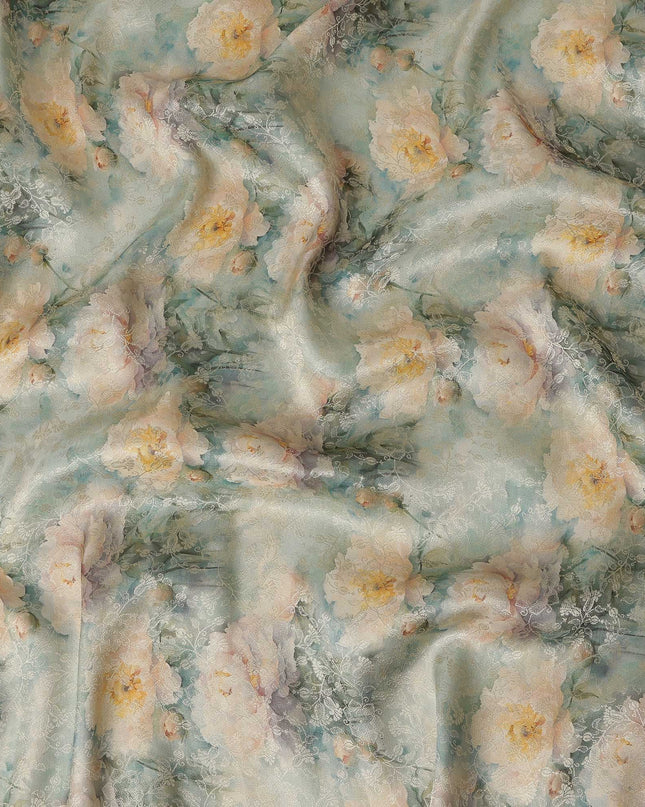 Mint Green Floral Printed Viscose Modal Satin Fabric, Allover Botanical Pattern Satin Weave Fashion Fabric, 110 Cms Width, Made in India-D27273