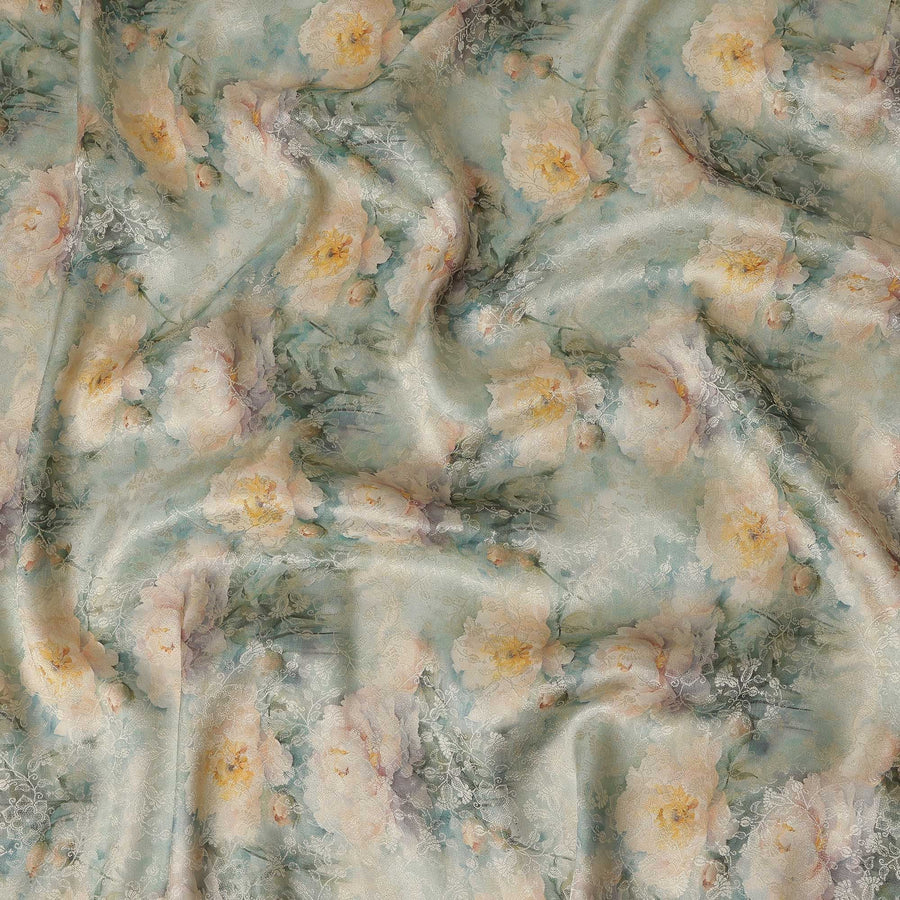 Mint Green Floral Printed Viscose Modal Satin Fabric, Allover Botanical Pattern Satin Weave Fashion Fabric, 110 Cms Width, Made in India-D27273 - Regal Fabrics