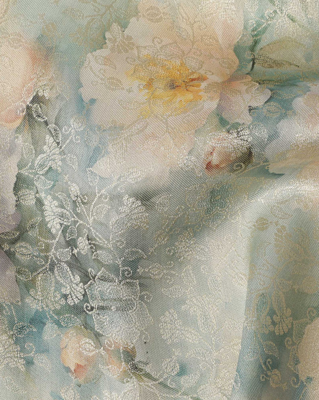 Mint Green Floral Printed Viscose Modal Satin Fabric, Allover Botanical Pattern Satin Weave Fashion Fabric, 110 Cms Width, Made in India-D27273