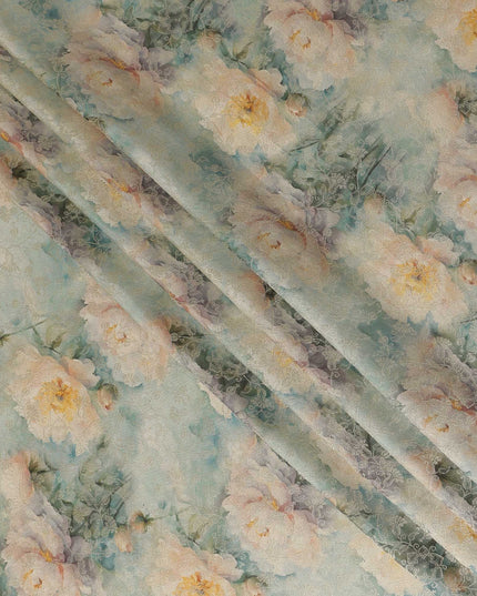 Mint Green Floral Printed Viscose Modal Satin Fabric, Allover Botanical Pattern Satin Weave Fashion Fabric, 110 Cms Width, Made in India-D27273 - Regal Fabrics