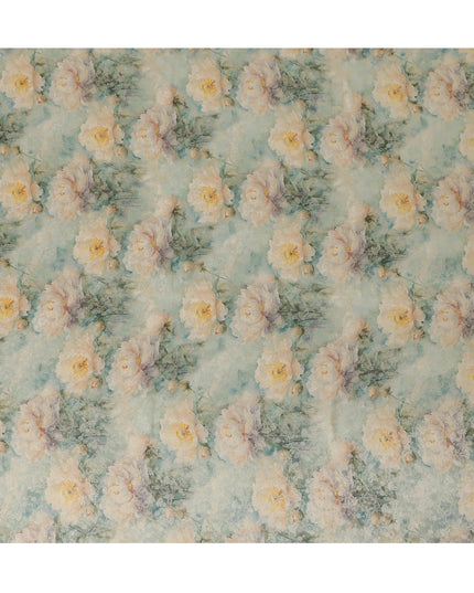 Mint Green Floral Printed Viscose Modal Satin Fabric, Allover Botanical Pattern Satin Weave Fashion Fabric, 110 Cms Width, Made in India-D27273 - Regal Fabrics