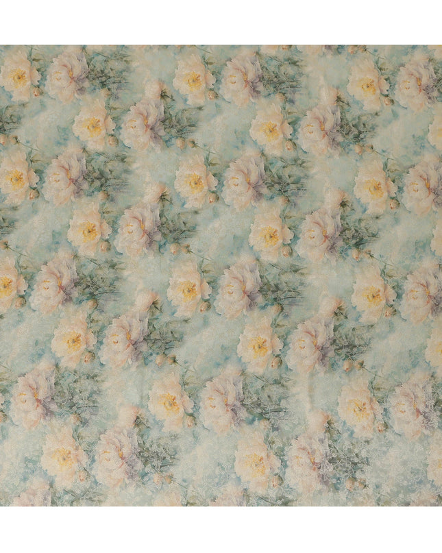 Mint Green Floral Printed Viscose Modal Satin Fabric, Allover Botanical Pattern Satin Weave Fashion Fabric, 110 Cms Width, Made in India-D27273