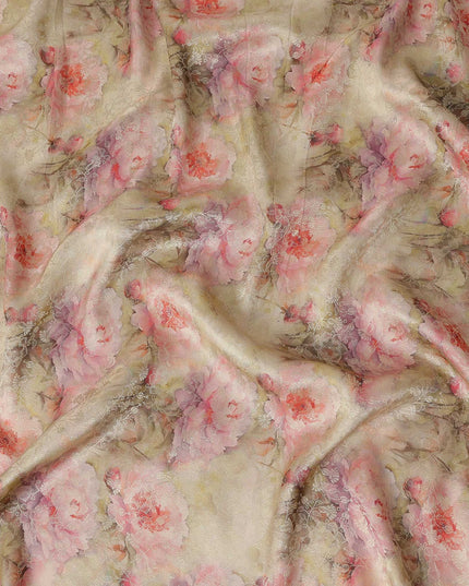 Champagne Beige Pink Floral Printed Viscose Modal Satin Fabric, Allover Soft Botanical Design Satin Weave Fabric, 110 Cms Width, Made in India-D27275