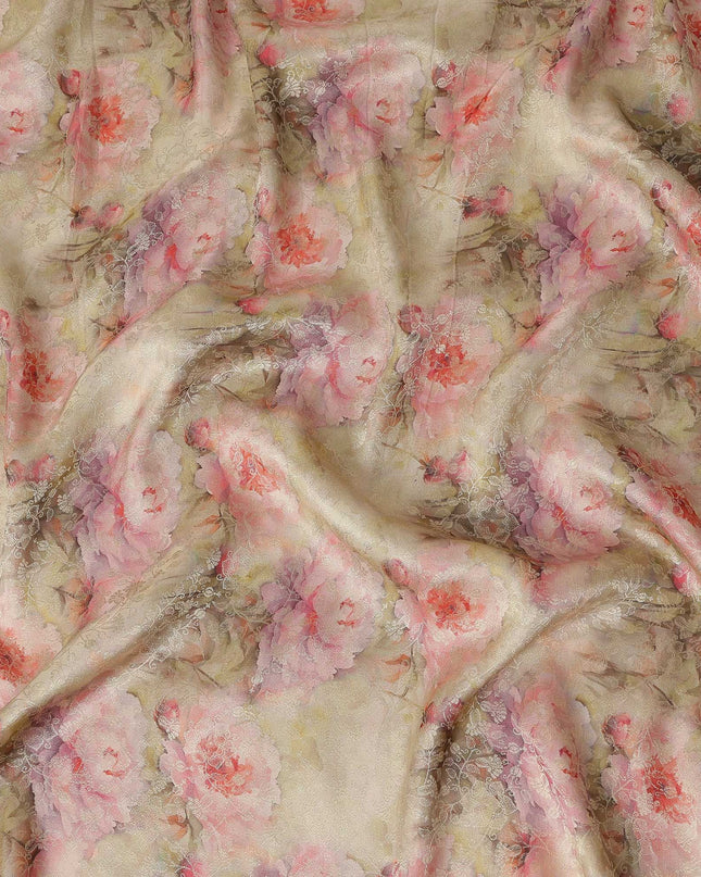 Champagne Beige Pink Floral Printed Viscose Modal Satin Fabric, Allover Soft Botanical Design Satin Weave Fabric, 110 Cms Width, Made in India-D27275