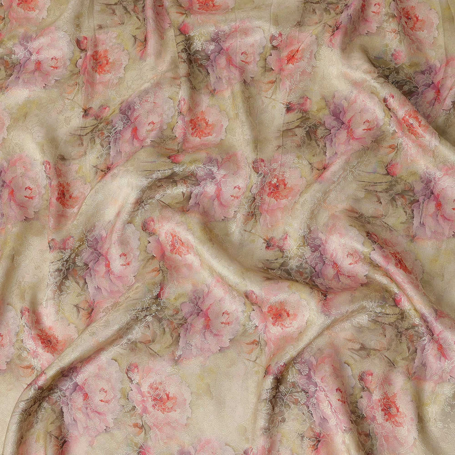 Champagne Beige Pink Floral Printed Viscose Modal Satin Fabric, Allover Soft Botanical Design Satin Weave Fabric, 110 Cms Width, Made in India-D27275