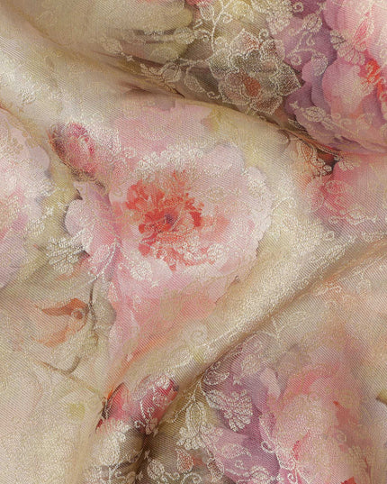 Champagne Beige Pink Floral Printed Viscose Modal Satin Fabric, Allover Soft Botanical Design Satin Weave Fabric, 110 Cms Width, Made in India-D27275