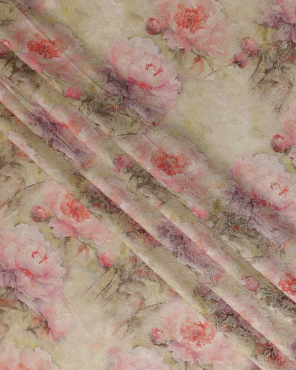 Champagne Beige Pink Floral Printed Viscose Modal Satin Fabric, Allover Soft Botanical Design Satin Weave Fabric, 110 Cms Width, Made in India-D27275