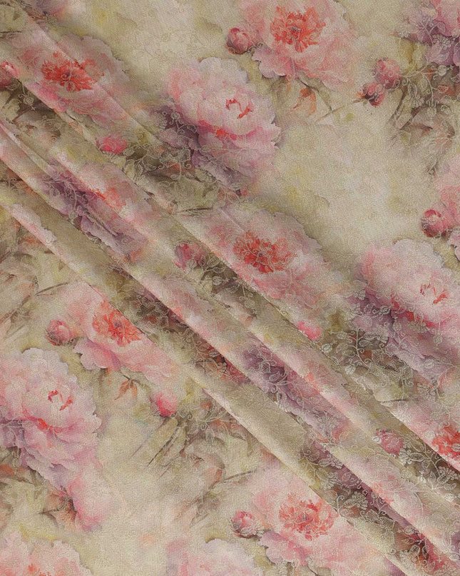 Champagne Beige Pink Floral Printed Viscose Modal Satin Fabric, Allover Soft Botanical Design Satin Weave Fabric, 110 Cms Width, Made in India-D27275