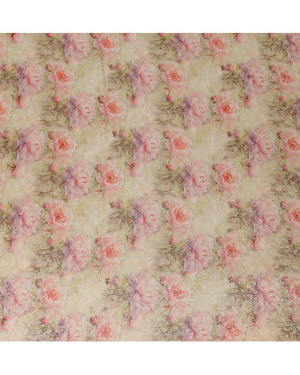 Champagne Beige Pink Floral Printed Viscose Modal Satin Fabric, Allover Soft Botanical Design Satin Weave Fabric, 110 Cms Width, Made in India-D27275